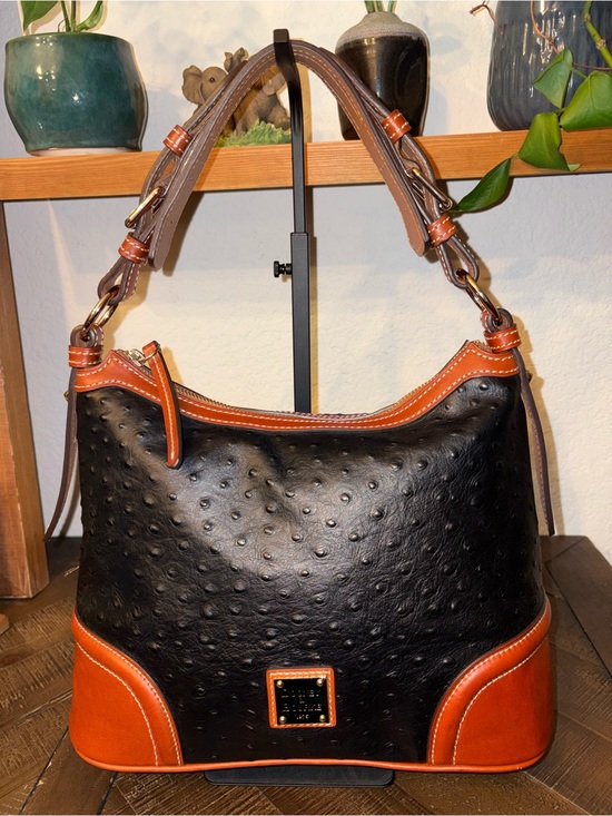 Dooney & Bourke Handbags - NWOT Dooney & Bourke Ostrich Embossed Leather Hobo Shoulder Bag Black & Cognac